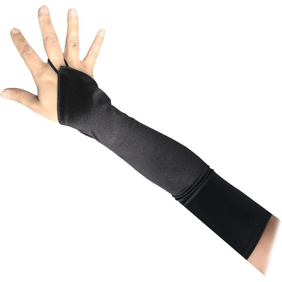 Women's Beautiful Black Long Satin Finger Loop Gloves Bridal Part Prom - Picture 4 of 4